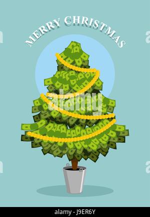 Auguri di Buon Natale. MoneyTree. Biglietto di auguri con la finanziaria ben-essere. Di dollari crescono sugli alberi. Illustrazione Vettoriale