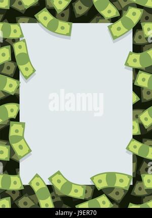 Telaio fuori del denaro. Molti dollari battenti. Spazio per il testo. Cash sfondo verde. Illustrazione Vettoriale