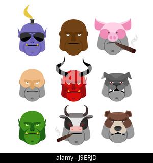 Set testa gravi. Il male museruola di animali e persone. Testa terribile cani e mucche. Testa uomo e demone. Illustrazione Vettoriale