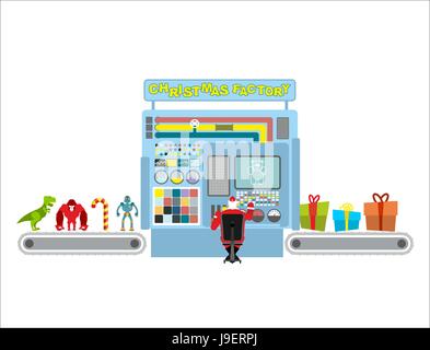Fabbrica di natale. Linea automatica per la produzione di doni. Guy Claus operatore macchine automatiche. Macchina compatta giocattoli per bambini in vacanza le caselle. Ho Illustrazione Vettoriale