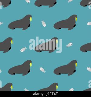 Guarnizione di tenuta e il pesce seamless pattern. Tricheco con grandi zanne. Animali artici ornamento di tessuto Illustrazione Vettoriale