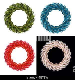 Impostare ghirlanda di Natale. Blue ornamento per il Natale. Red ghirlanda di rami di pino. Il decor di colore bianco per il nuovo anno. Illustrazione Vettoriale