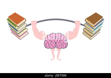 Pompare fino cervelli. Forte del cervello con grandi muscoli sono impegnati nel post dai libri. Fitness mente fo. Cervello e libri. Utilizzare la lettura per la persona. Vettore i Illustrazione Vettoriale