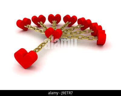 Sette cuori legati con un cuore. Buone relazioni. Concetto 3D'illustrazione. Foto Stock