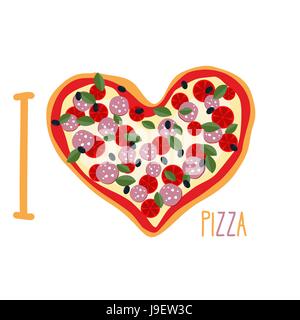 Mi piace la pizza. Il simbolo del cuore in forma di pizza. Il vettore nazionale italiano di cibo. Illustrazione Vettoriale