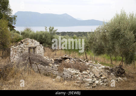 La rovina, foschia mattutina, Katomeri, Meganisi, Grecia Foto Stock