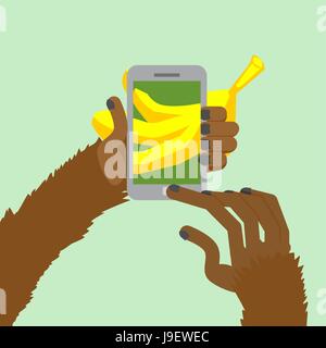 Monkey banana germogli. La pubblicazione su Internet una foto di cibo. Scatti di animali per il tuo smartphone con le dita. Illustrazione Vettoriale. Illustrazione Vettoriale