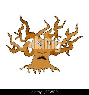 Terribile mostro ad albero con il male gli occhi. Antico albero monster con ramoscelli secchi. Illustrazione Vettoriale