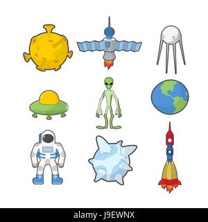 Spazio di set di icone. Veicolo spaziale e rocket UFO. Satellite e terra, astronauta e alien. Illustrazione Vettoriale Illustrazione Vettoriale