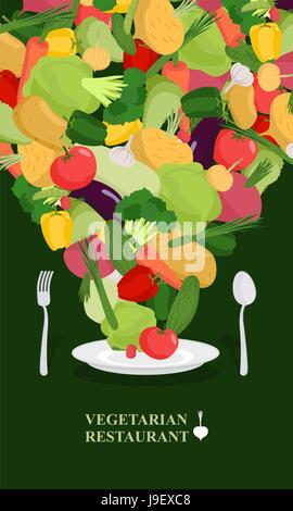 Ristorante vegetariano. Ortaggi freschi sulla piastra. La melanzana e carote. Una forchetta e un cucchiaio. Illustrazione Vettoriale