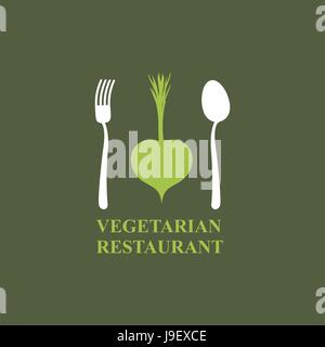 Logo per ristoranti vegetariani o caffè. Posate: cucchiaio e forchetta e ravanelli. Illustrazione Vettoriale
