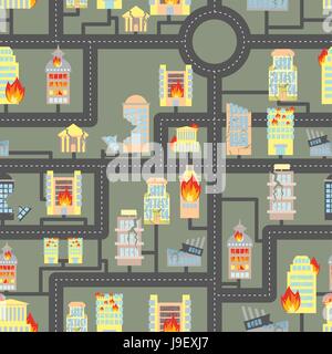 Città distrutta senza giunture. Incendio in edifici commerciali e veicoli. Background Industriale della metropoli moderna dopo le ostilità. Distrutto grattacieli Illustrazione Vettoriale