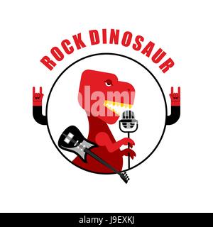 Rock emblema di dinosauro per vecchi musicisti rock. Tirannosauro sta cantando canzone nel microfono vintage. Jurassic bestia con una chitarra elettrica. Antica Cree Illustrazione Vettoriale