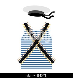 Giubbotto Striped shirt-abbigliamento uomo marinaio. Nastro con proiettili. La cartucciera bandoleer. Peakless Hat cappello marinaio russo l'uomo. Set di vestiti e ingranaggio di t Illustrazione Vettoriale