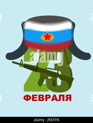 23 febbraio. Logo per militari vacanza patriottica in Russia. Ushanka bandiera tricolore della Russia e la coccarda. Pistola automatica. La traduzione del testo in russo Illustrazione Vettoriale