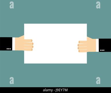 Piastra Billboard e mani. Una piastra a vuoto, tenere le mani dell uomo d affari. Bianco puro e foglio di carta nelle mani dell'uomo. Spazio per il testo Illustrazione Vettoriale