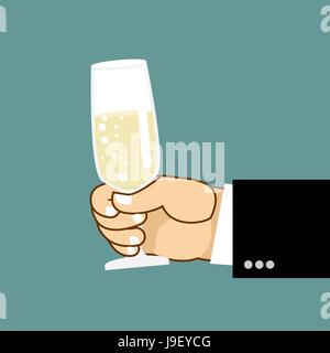Mens mano e bicchiere di champagne. Imprenditore tenendo un bicchiere di vino bianco. Detto toast. Illustrazione Vettoriale