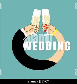 Nozze. Simbolo di anello da mani di sposi novelli. Sposa e lo sposo bere champagne. I bicchieri con il bianco Vino spumante Illustrazione Vettoriale