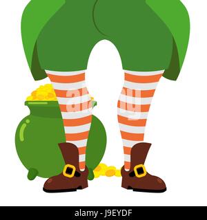 Oro Leprechaun. grande pentola d'oro. Leprechaun nasconde i suoi tesori. Gambe leprechaun in calze a strisce. Vecchie scarpe. gambe sono mitici GNOME. Illustrazione Illustrazione Vettoriale