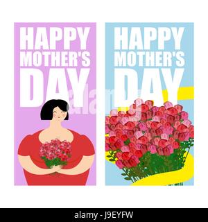 Felice Festa della Mamma biglietto di auguri set. grandi bouquet di rose rosse con nastro giallo. Bella donna e un sacco di fiori come regalo. Collezione di manifesti fo Illustrazione Vettoriale