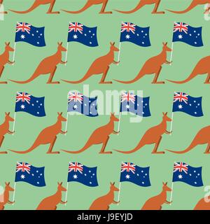 Canguri e bandiera australiana seamless pattern. Sfondo per il giorno di festa in Australia. Texture di marsupiali. Australia day ornamento senza giunture. Illustrazione Vettoriale