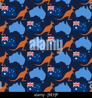 Australia day ornamento senza giunture. Canguri e bandiera di Australia. Mappa del continente di stato dell'Australia. Illustrazione Vettoriale