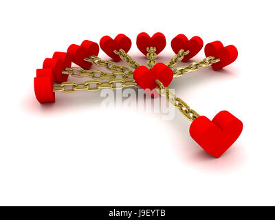 Sette cuori legati con un cuore. Buone relazioni. Concetto 3D'illustrazione. Foto Stock