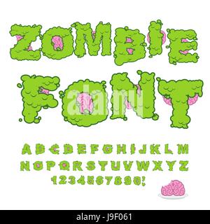Font di zombie. Scary lettere di colore verde e il cervello. Orribile alfabeto di Halloween. ABC di Walking Dead Illustrazione Vettoriale