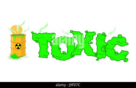 Testo tossici. Verde velenosi fumi. Aprire il barile con liquidi pericolosi. Rifiuti velenosi lettere. Pericolo nucleare tipografia Illustrazione Vettoriale