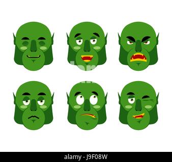 Emozioni orco. Impostare espressioni emoji avatar mostro verde. Il bene e il male di goblin. Scoraggiati e allegro. Triste e sonnolenza. Aggressivo e carino Illustrazione Vettoriale