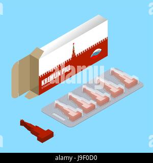 Il Cremlino pillola in pack. Le compresse di russo. vitamine nella casella n. Prodotti naturali per il patriottismo in forma di rosso del Cremlino di Mosca. Medicamento nazionale. Medical dr Illustrazione Vettoriale