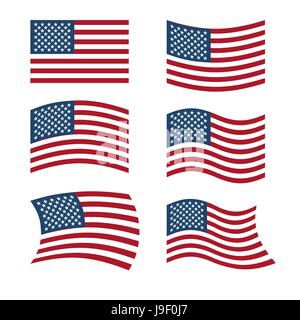 Bandiera degli STATI UNITI D'AMERICA. Set di bandiere di America in varie forme. Bandiera americana su sfondo bianco. Bandiera in evoluzione. Simbolo nazionale degli Stati Uniti Illustrazione Vettoriale
