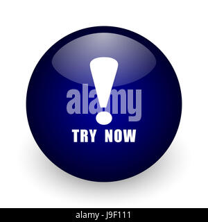 Provate ora blu sfera lucida web, icona su sfondo bianco. Round 3D render pulsante. Foto Stock