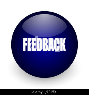 Feedback lucida blu sfera icona web su sfondo bianco. Round 3D render pulsante. Foto Stock