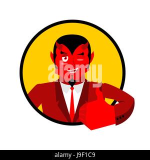 Diavolo mostra bene. Firmare tutto il di destra. Pollice in su. La mano che mostra ok. Gesto della mano. Funny demone. I diavoli con le corna. Furbo Satana. Beelzebub principe di darkne Illustrazione Vettoriale