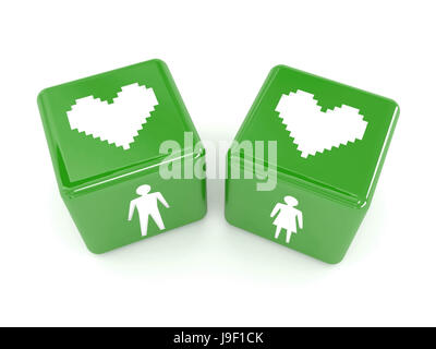 Due cuori, maschio e femmina figure sui dadi. Concetto 3D'illustrazione. Foto Stock
