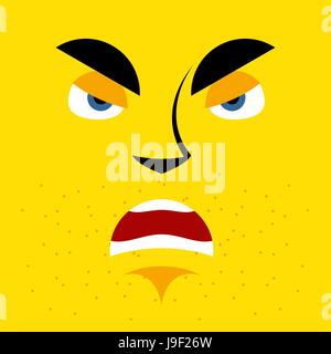 Cartoon volto arrabbiato su sfondo giallo. aggressiva, scontroso emozione. Insoddisfatto della persona acciglia. Il carattere ostile Illustrazione Vettoriale