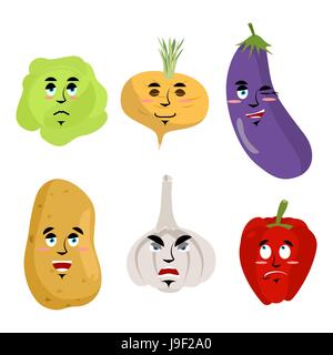 Set di verdure con emozioni. Formaggio di patate. Arrabbiato aglio. Sorpreso il pepe rosso. Triste cavolo. Sleepy rape. Raccolta di frutti con facce emo Illustrazione Vettoriale