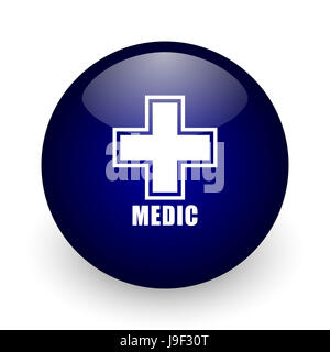 Medic blu sfera lucida web, icona su sfondo bianco. Round 3D render pulsante. Foto Stock