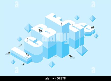 Iceberg. 3D lettere di ghiaccio. Icy lettere tipografia. Grande Freddo ghiaccio. I pinguini animali di artico. Gli animali in Antartide. Guarnizioni in oceano. La flora del Nord Pol Illustrazione Vettoriale