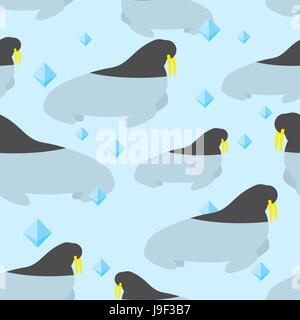 Tricheco in acqua seamless pattern. Grande tenuta natatorial nella consistenza dei denti. Ornamento di animale da artico e Antartide. Animale Natatorial polo nord Illustrazione Vettoriale