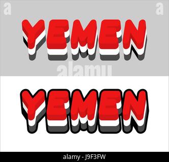 Yemen tipografia. Testo di bandiera yemenita. Emblema dello Stato in Asia sud-ovest su sfondo bianco. lettere tricolore Illustrazione Vettoriale