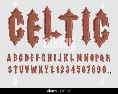Celtic font. antico alfabeto. Serie di lettere e numeri. Antico alfabeto lettera Illustrazione Vettoriale