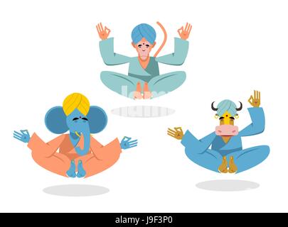 Yoga animale. Elefante blu e rosso Monkey yogi meditando. Sacra vacca Indiani isolati in bacground bianco Illustrazione Vettoriale