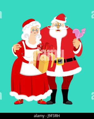 Santa e la sig.ra Claus isolato. Famiglia di natale. Donna in abito rosso e grembiule bianco. Allegro anziani. Anno nuovo menage. Dono Gallo e lecca-lecca Illustrazione Vettoriale