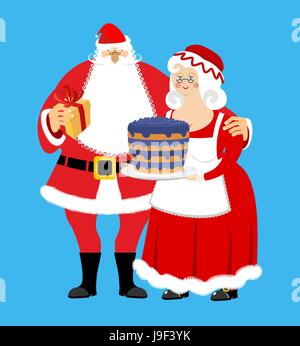 Santa e la sig.ra Claus isolato. Famiglia di natale. Donna in abito rosso e grembiule bianco. Allegro anziani. Anno nuovo menage. Illustrazione Vettoriale