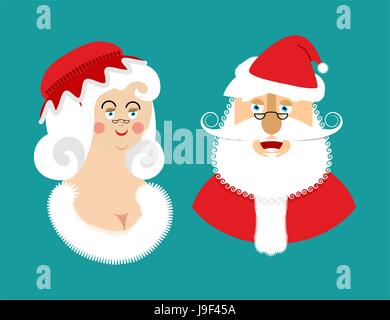 Santa e la sig.ra Claus isolato. Famiglia di natale. Donna in abito rosso e grembiule bianco. Allegro anziani. Anno nuovo menage. Illustrazione Vettoriale