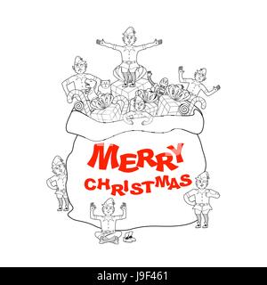 Santa borsa con dono e gli elfi. Auguri di Buon Natale. Sacco grande per bambini presenta. Elf Santas helper Illustrazione Vettoriale