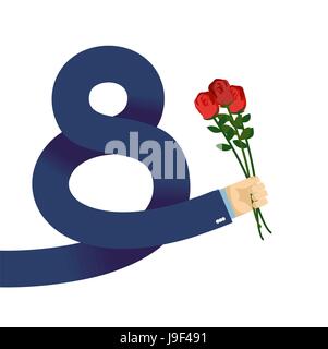 8 Marzo Internazionale Womens giorno. Man mano nella camicia dà rose. Simbolo di vacanza. Otto emblema. Congratulazioni mano mazzo di fiori Illustrazione Vettoriale