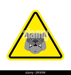 Arrabbiato cane segno di avvertimento GIALLO. Bulldog Pericolo simbolo di attenzione. Pericolo cartello stradale triangolo pet Illustrazione Vettoriale